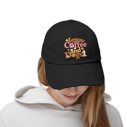 Jesus, Coffee, and Dogs Unisex Distressed Cap | Christian Accesories