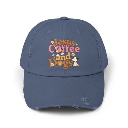 Jesus, Coffee, and Dogs Unisex Distressed Cap | Christian Accesories