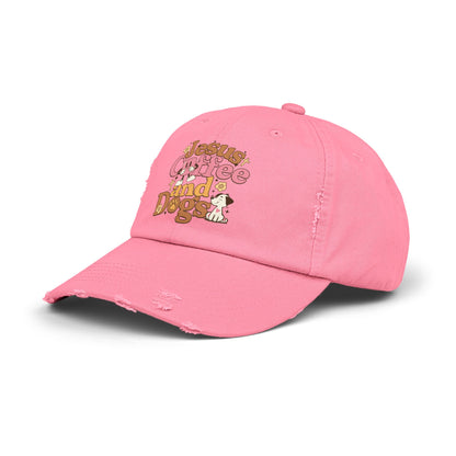 Jesus, Coffee, and Dogs Unisex Distressed Cap | Christian Accesories