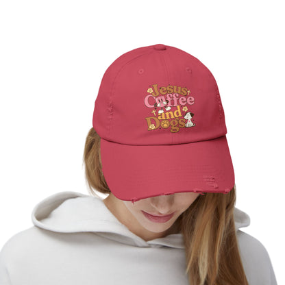 Jesus, Coffee, and Dogs Unisex Distressed Cap | Christian Accesories