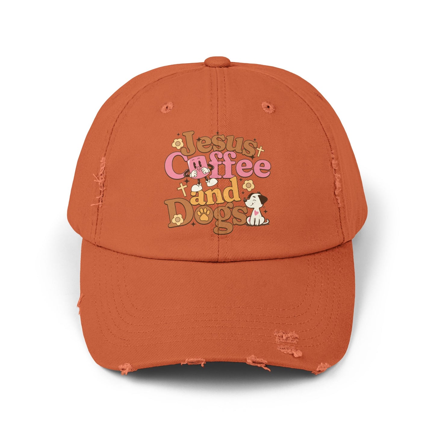 Jesus, Coffee, and Dogs Unisex Distressed Cap | Christian Accesories