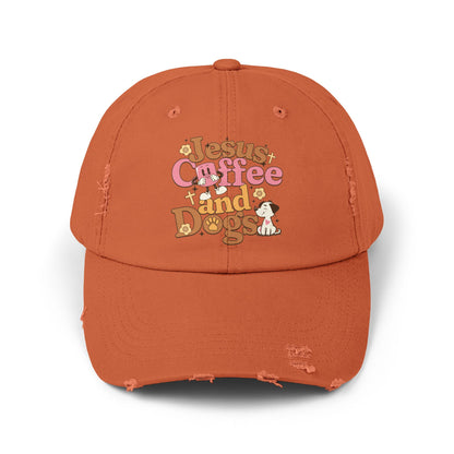 Jesus, Coffee, and Dogs Unisex Distressed Cap | Christian Accesories